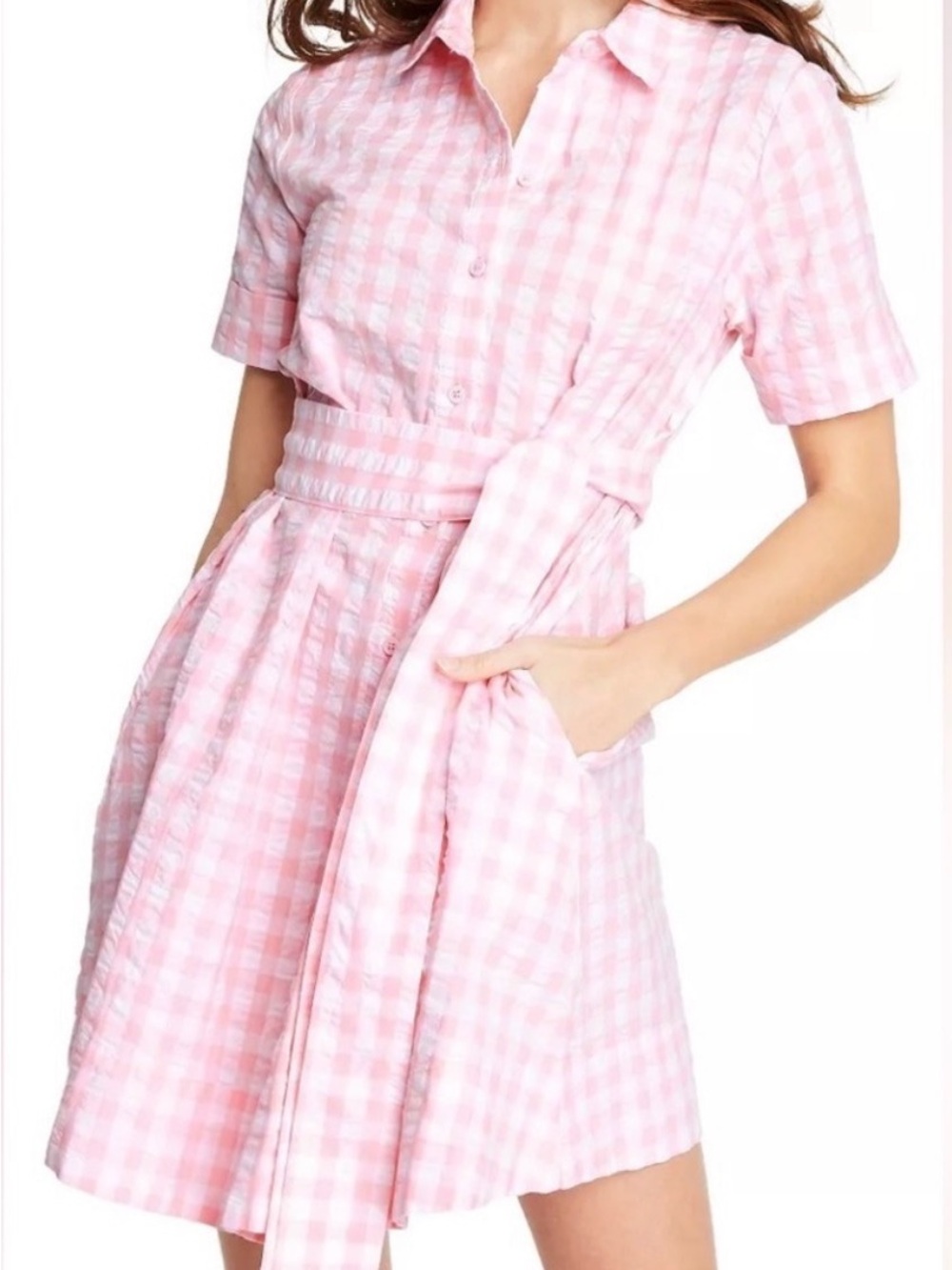 Lisa Marie Fernandez Pink Gingham Seersucker Dress with Tie Waist - Picture 3 of 10
